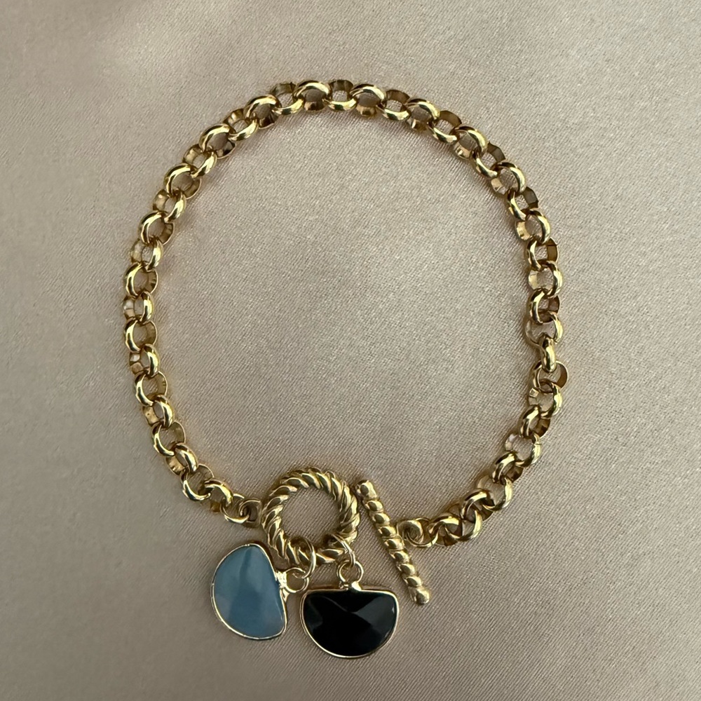 18k Gold Plated Stainless Steel Toggle Clasp Bracelet with Two Gemstone Charms - Picture 5 of 6